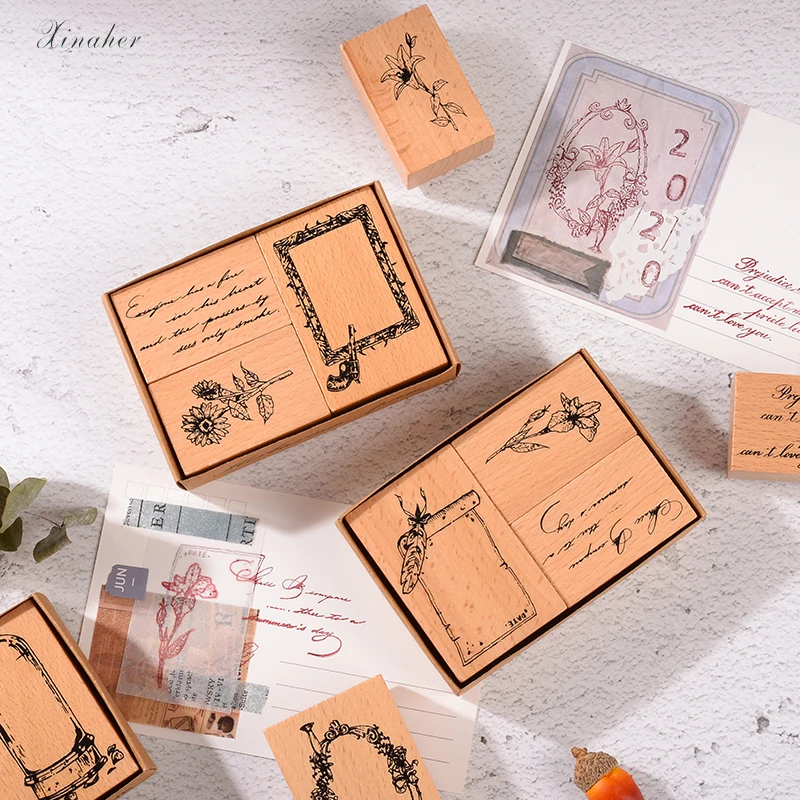 3 шт./компл. винтажные растительные буквы коллаж декоративные штампы деревянные и