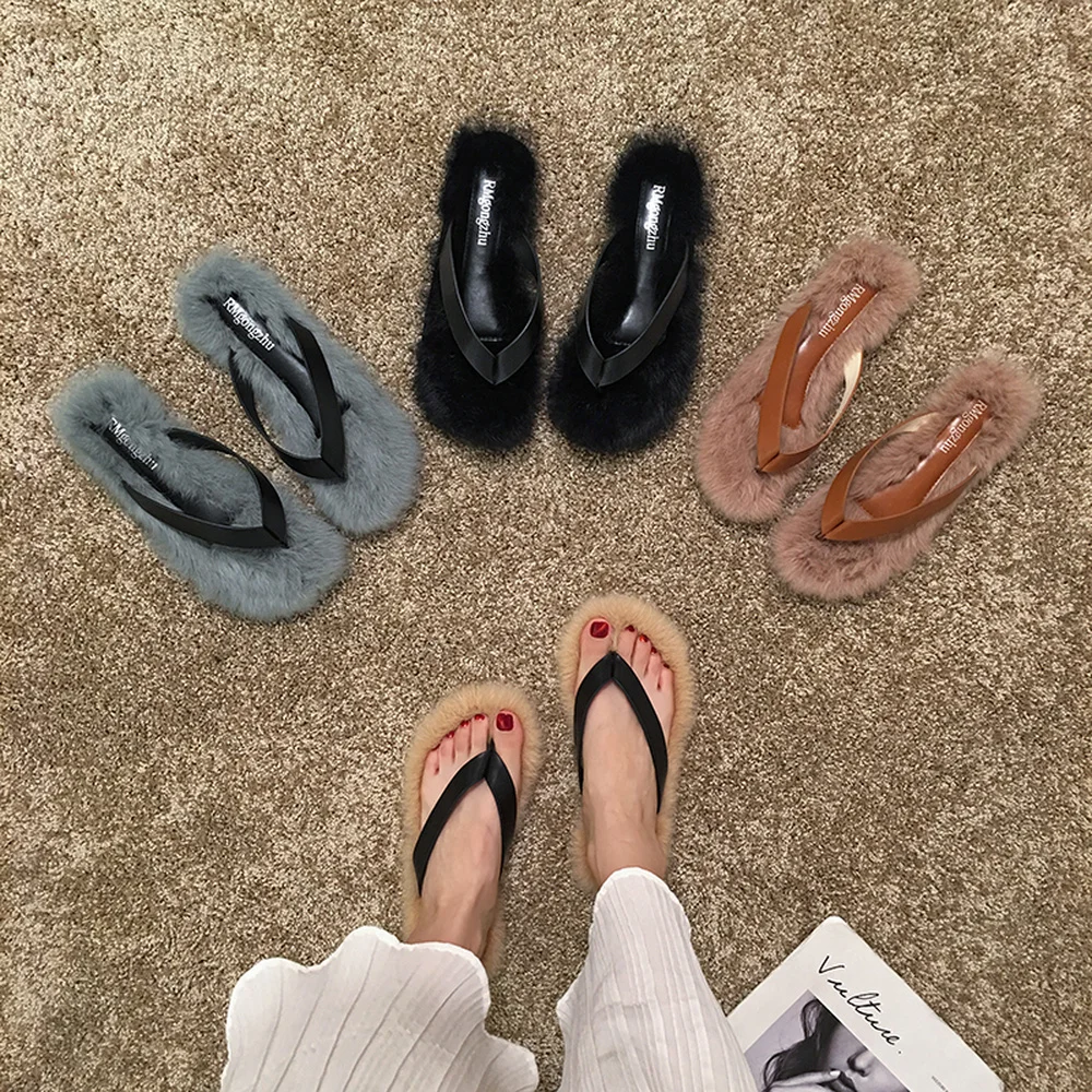 Simple fashion flip-flops women wear 2019 new summer Korean version of the net red flat shoes rabbit hair slippers | Обувь