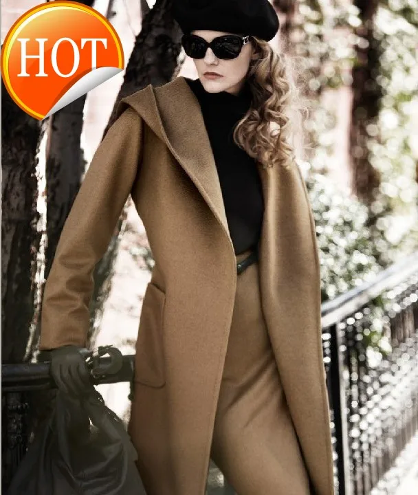 

Женское шерстяное пальто с капюшоном, длинное, однотонное