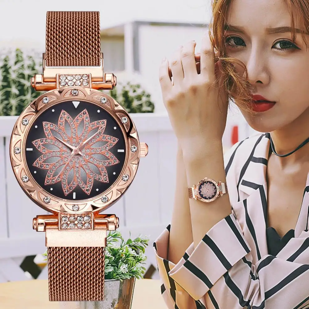 

Часы женские кварцевые с сетчатым браслетом, модные наручные, с магнитным ремешком из нержавеющей стали, со стразами