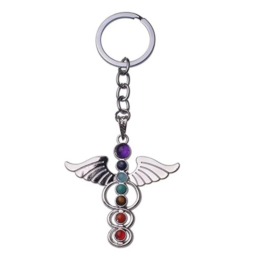 

FYJS уникальный посеребренный ангел крыло брелок с 7 цветов маленькие бусины Исцеление чакра классический стиль ювелирные изделия