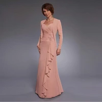 latest charming blush chiffon lace cap sleeves mother of the bride dresses with jacket wedding party gowns applique beaded 2021