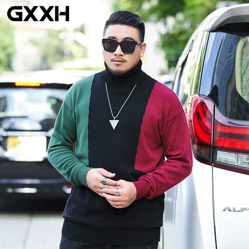 GXXH плюс размер Turleneck свитера уличная мода Fat Guy 140 кг мужские зеленые красные черные контрастные пуловеры трикотажные свитера