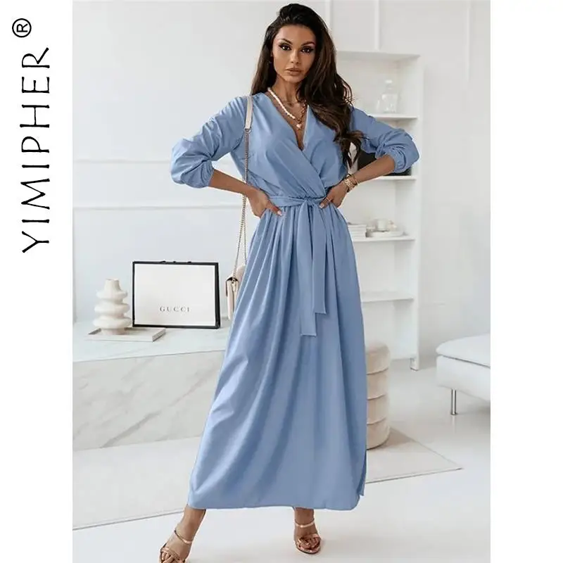 

Женское платье-макси на завязках, с длинным рукавом и глубоким V-образным вырезом