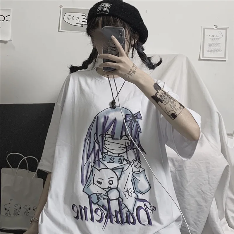 

Large size cartoon funny girl print street clothes top t-shirt short-sleeved fashion t-shirt hip-hop clothes ladies casual t-shi