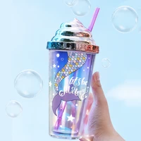 double layer plastic straw cup mermaid glitter illusion creative birthday holiday gift couple classmate graduation gift