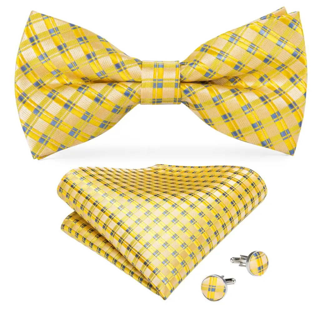 Желтый Клетчатый шелковый галстук бабочка Регулируемый формальный
