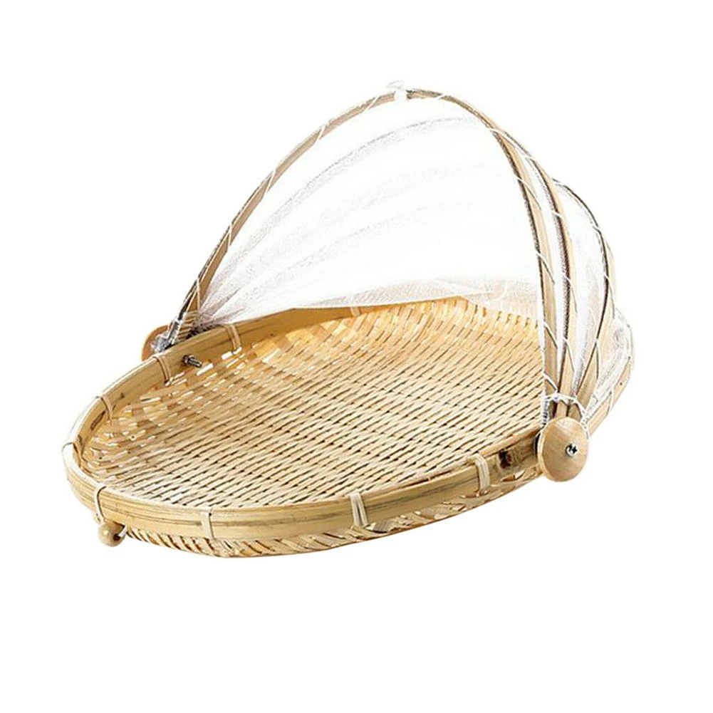 

Hand-Woven Food Serving Tent Basket Tray Fruit Vegetable Bread Storage Basket Simple Atmosphere Outdoor Picnic Mesh Net Cover