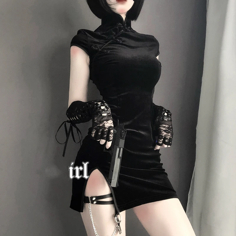 Diablo Girl's Style clothing Retro short Sleeve Hem Split Punk Velvet Chinese Sexy Cheongsam Skirt High-waist Slimming Dress