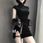 Женское вельветовое платье-Ципао, с коротким рукавом и разрезом на подоле, с высокой талией