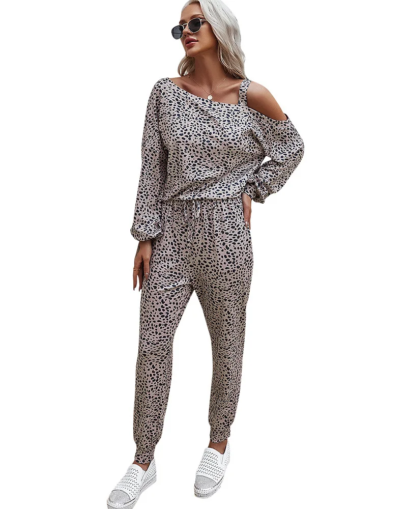 

2021 Hot Selling Leopard Print Women Sets Slash Neck Long Sleeve Casual Tees High Elastic Waist Pencil Pants Outfits Spring