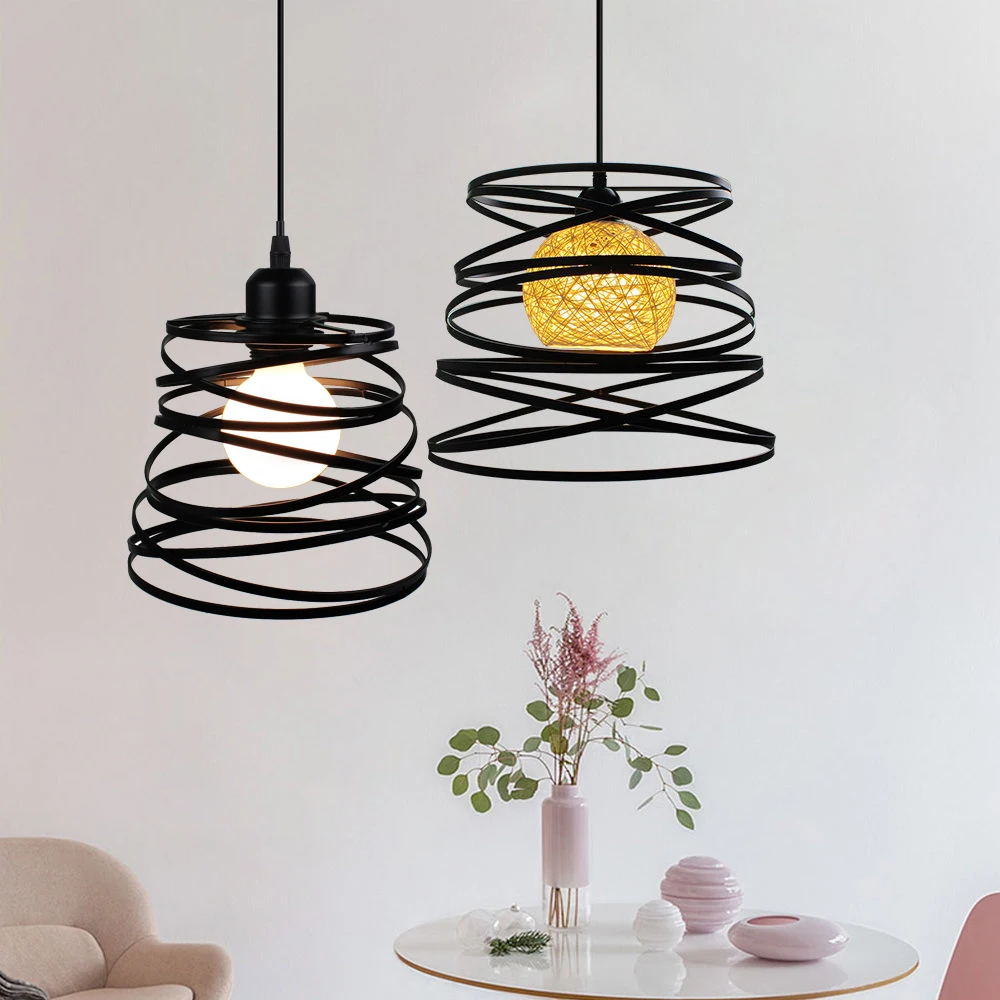 melhor Moderno Led Pingente De Luz Industrial Do Vintage Fita Espiral Redemoinho Sombra Gaiola De Arame Metal Estilo Led Luminária Iluminação Interior