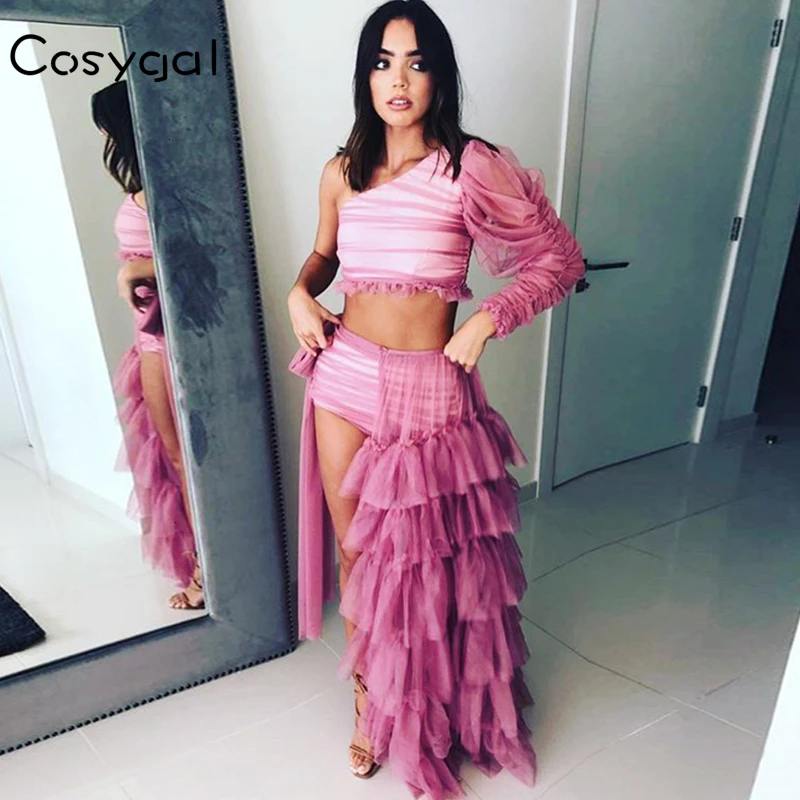 COSYGAL 2019 оборки на одно плечо длинное платье для ночной вечеринки Женская сетчатая