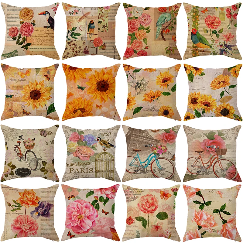 

Vintage Rose Flower Pattern Cotton Linen Cushion Cover Sunflower Bird Throw Pillowcases for Home Sofa Bed Car Decorative Coussin