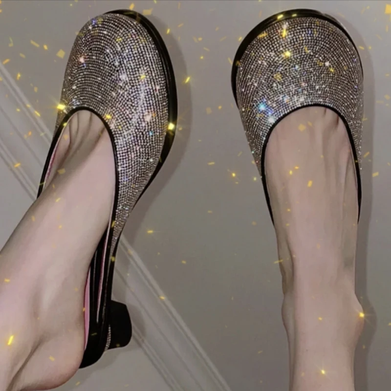

Fashion Women's Round Toe Med Heels Slippers Shoes Rhinestones Slides Sequins C31