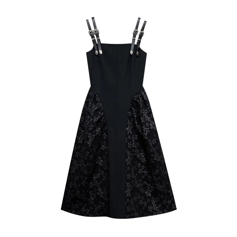 

XITAO Jacquard Splicing Suspender Dress Fashion Metal Button Bandage Backless Slash Neck 2021 Summer New Trendy Women CLL1396