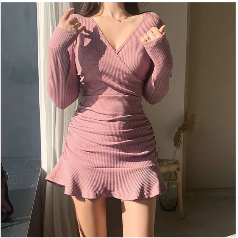

Women's Dress Spring Autumn Solid Fashion Long Sleeve V Collar Design Ruffle Sexy Female High Waist Hip Slimming Bottom Dress
