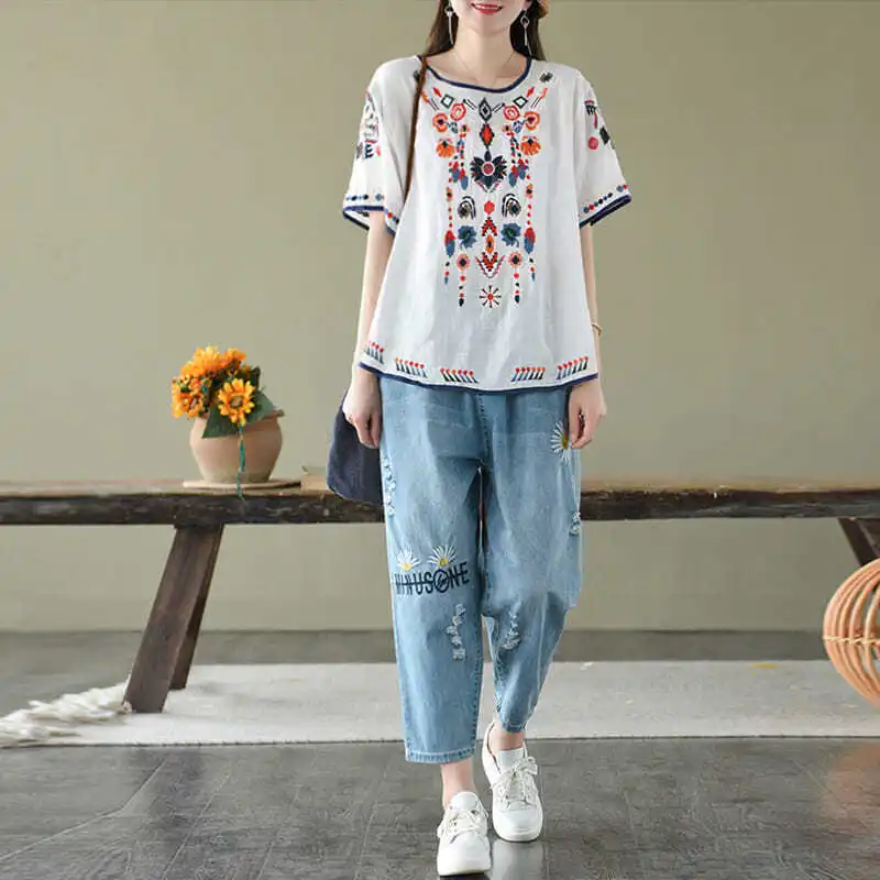 Plus size Women Clothes Linen Embroidery Vintage Blouse Shirt Summer 100% Cotton High quality Ladies Tops Casual White