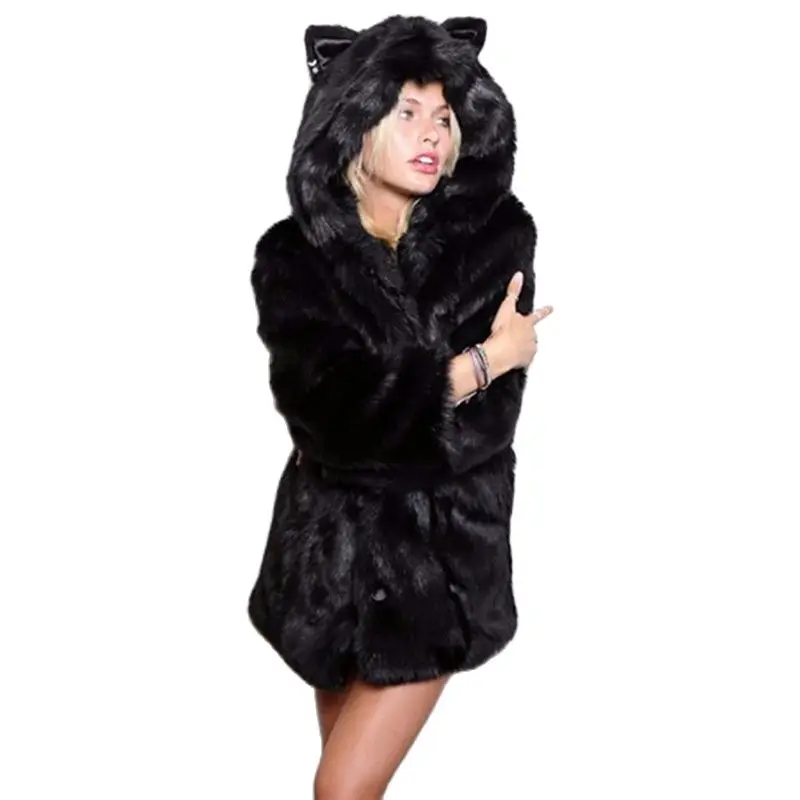 Женское длинное пальто с капюшоном зимнее искусственное | Женская одежда