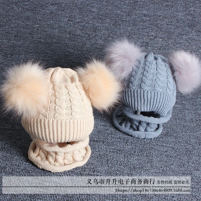 2pcs/set Fashion Newborn Baby Hats Knitted Warm Pom Round Machine Cap Protects Ear Bonnet Winter Caps + Scarf Suits | Детская одежда и
