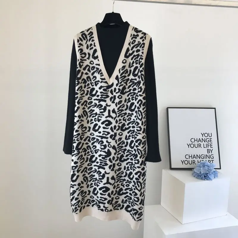 

Women Two Peice Set European 2020 Autumn and Winter New Long Sleeve Sweater+ Leopard Print Vest Suit Fall Clothes