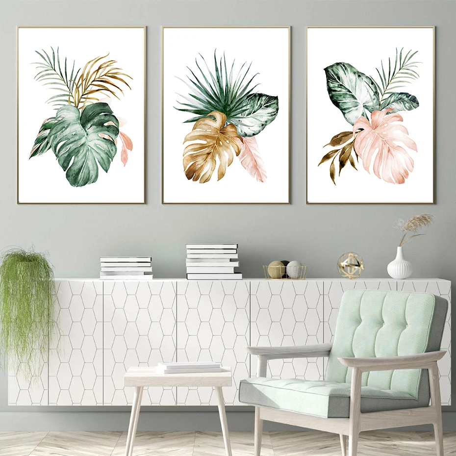 

Nordic Abstract Green Tropical Leaf Watercolor Posters Canvas Painting Wall Art Print Pictures Living Room Interior Home Decor