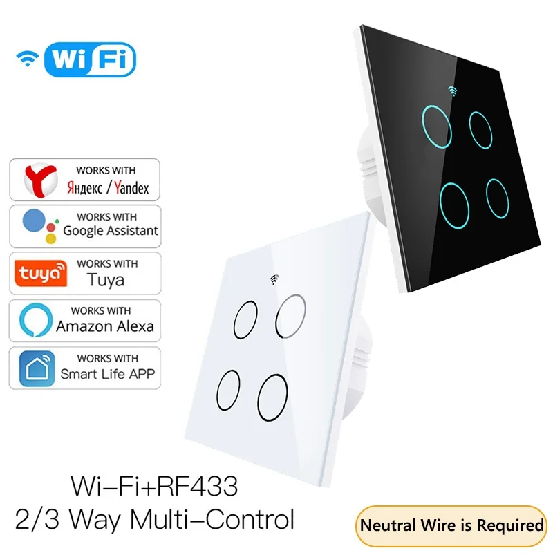 

Yandex Alice WiFi Switch RF433 4 Gang EU Switch Panel Tuya/Smart Life App Multi-Control Timer Voice Works With Alexa Google Home