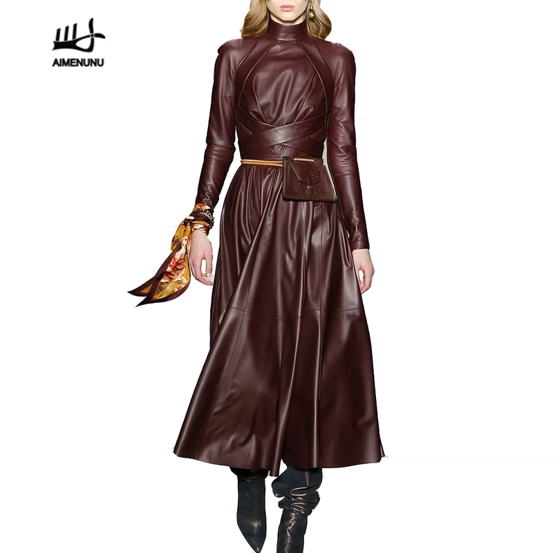 AIMENUNU/осеннее кожаное платье для женщин с воротником стойкой и длинными рукавами