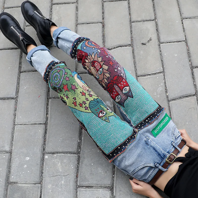

Woman Jeans High Waist Straight Pants Korean Style Cartoon Embroidery Patchwork Cotton Loose Casual Female Denim Pants 2020 New
