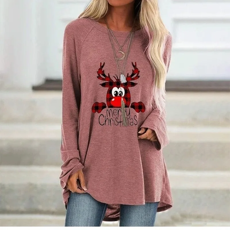 Женские футболки с рождественским узором длинным рукавом милым принтом оленя