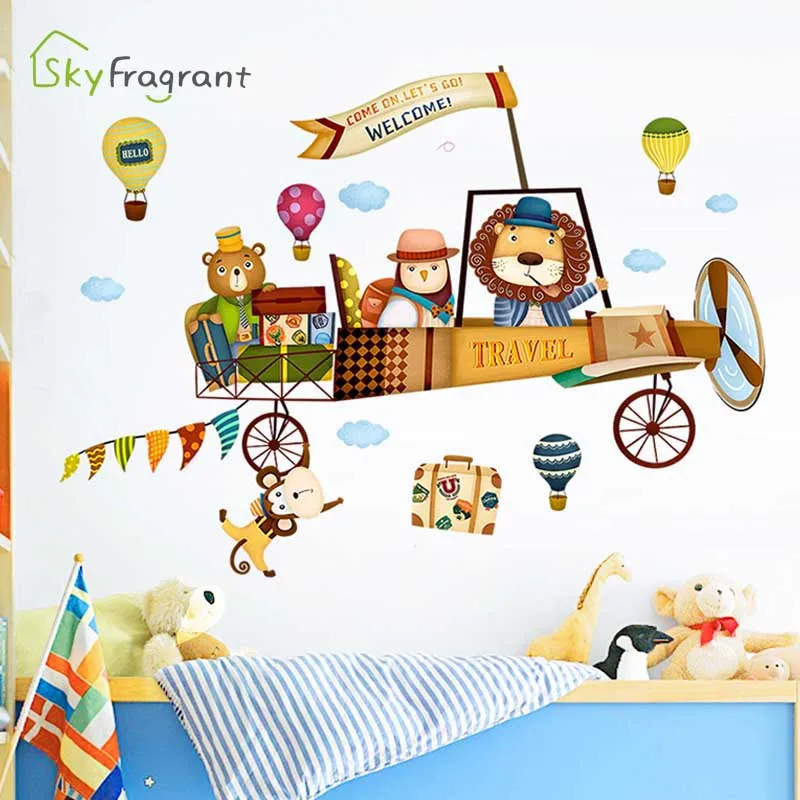 

Warm Cartoon Animals Airplane Self-adhesive Kids Room Decor Stickers Bedroom Home Decoration Kindergarten Layout Wall Sticker