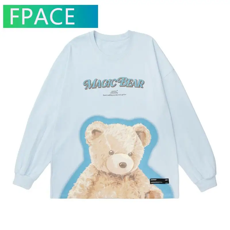 

FPACE Long Sleeve Tees Shirt Harajuku Cartoon Bear Print Tshirts Streetwear Hip Hop Fashion Casual Loose Cotton T-Shirt Tops