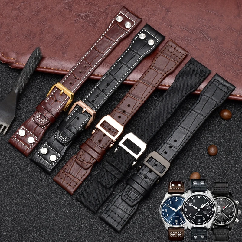 

22mm Nylon + Genuine Leather Watchbands Green Black High Quality Watch Band Strap With Silver Pin Buckle Men's watch accessorie