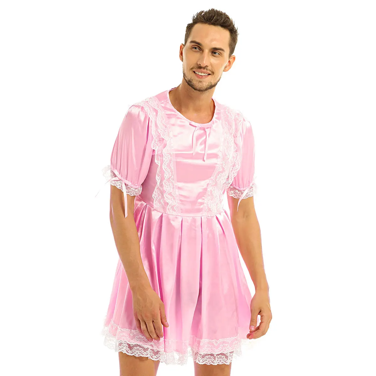 Для мужчин Сисси ночное белье эротичное нижнее белье из сатина с круглым вырезом короткие с рукавами-фонариками; с отделкой из кружева платье пижамы для детей и взрослых, переодевания; большие размеры костюм