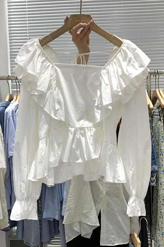 

Backless Lace-up Shirt for Women 2021 Spring and Summer New Retro Plain Blouse Ruffled Long Sleeve Casual Shirt Fashion Tops
