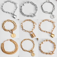 fashion punk metal heart lock chain bracelet for women gold and silver color portrait pendant bracelets vintage jewelry gifts