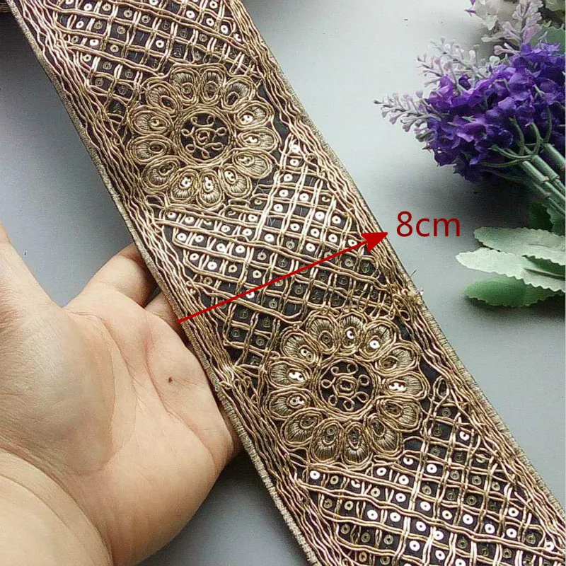 1 Yards Silver Gold 8cm Ethnic Thread Sequins Webbing Ribbon Tape Shoes Dress Embroidered Lace Trims DIY Sewing Accessorie | Дом и сад