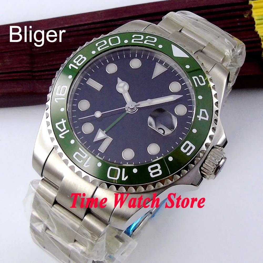 

Мужские часы Bliger 43 мм, черный стерильный циферблат, зеленая керамическая рамка, сапфировое стекло GMT, автоматическое перемещение, мужские ча...