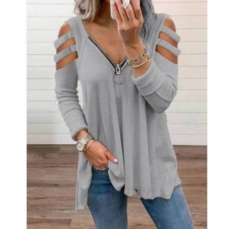 

Mandylandy Women's Sexy V-neck Long-Sleeve Zipper Loose T-shirt Spring Summer Off-Shoulder Hollow Out Solid Color T-shirt