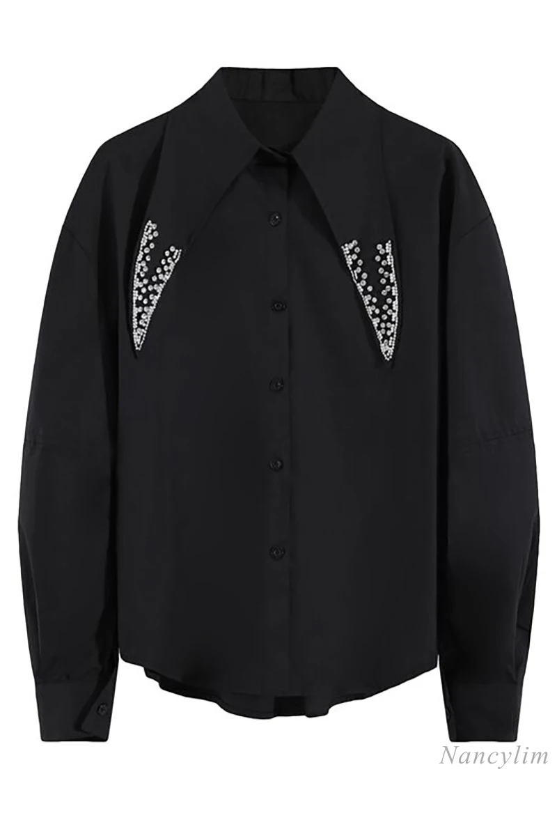 

Women's Rhinestone Beaded Collar Black Shirt Female 2021 Spring and Autumn New Loose Long Sleeve Blouse Blusas Mujer Nancylim