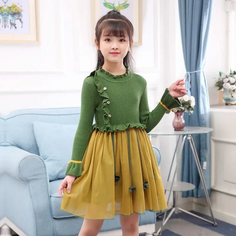 

2020 Autumn Winter Kids Dresses For Girls Long Sleeve Knit Patchwork Mesh Princess Dress Baby Girls Clothes Pleated Vestido K111