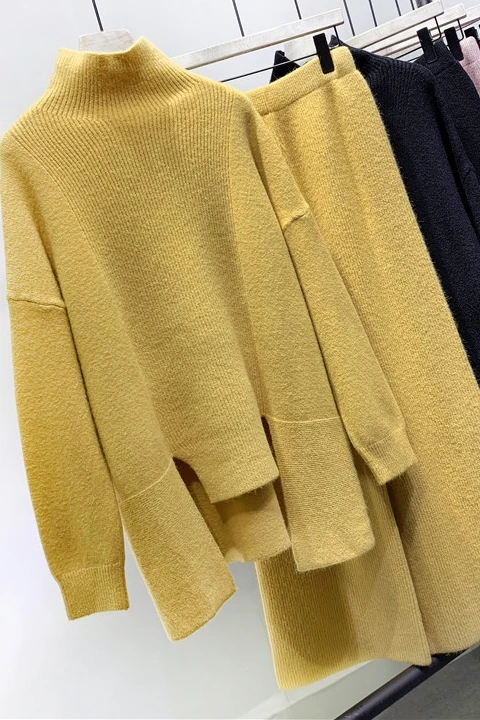 

2020 Full Promotion Fashion Women 's Suit High Quality Knitted Loose Slit Turtleneck Sweater And Wide Legs Pants Two - Piece