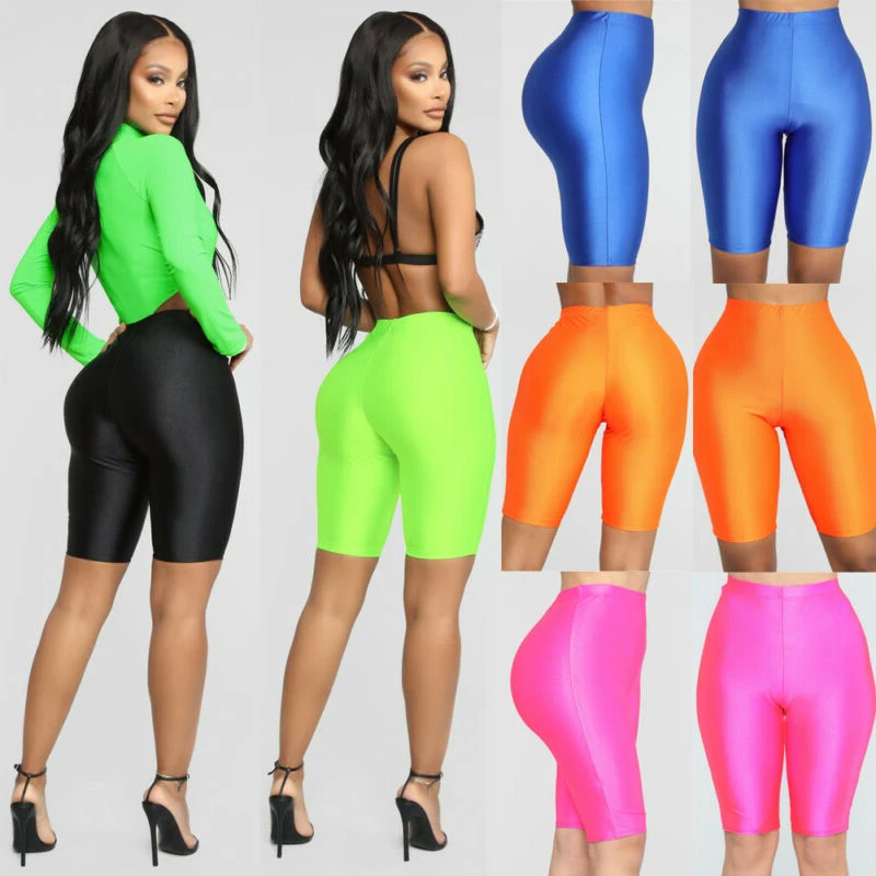 

Hip Gym Shorts Fitness Workout Althletic Leggings Women High Waist Fluorescence Green Pink Black Shiny Skinny Sport Shorts