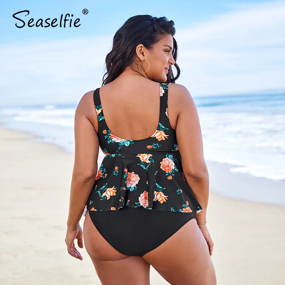 SEASELFIE Plus Size Black Floral Peplum Tankini Women Sexy Large Size High-waist Bikini Two Pieces Swimsuit 2021 Swimming Suit