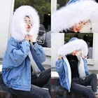 Зимнее женское теплое джинсовое короткое пальто с воротником, Женская облегающая зимняя верхняя одежда с капюшоном, пальто с подкладкой и передними пуговицами, плоскими карманами