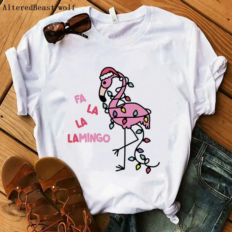 

Christmas t shirt FA LA LA Flamingo Womens Printed funny t shirt New Year Female short sleeve casual vogue tops women t shirt