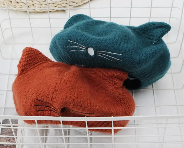 solid color beret  knitting cartoon cat ear winter beret Korean Japan style artist beret