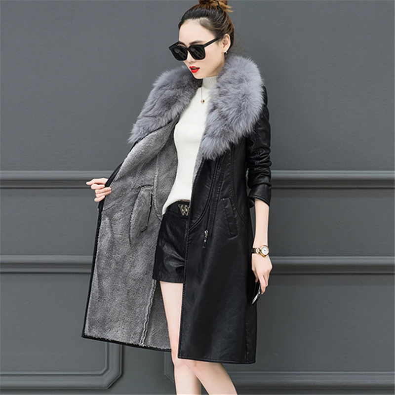 Pu Leather Women Plus Velvet Thickening Long Section Winter Fashion New Large Fur Collar Warm Leather Jacket Tide HHH00163