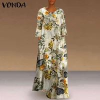 women dress 2021 vintage pockets floral print kaftan dress long sleeve robe vonda casual sundress vestido s