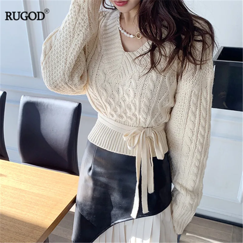 Женский вязаный свитер RUGOD пуловер с поясом и узором в виде ромбов короткий на
